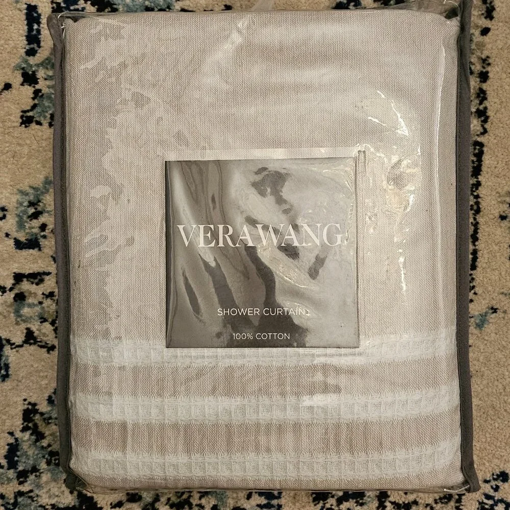 NEW Package Vera Wang Shower Curtain, Cotton with Hook Holes Top (Seersucker)